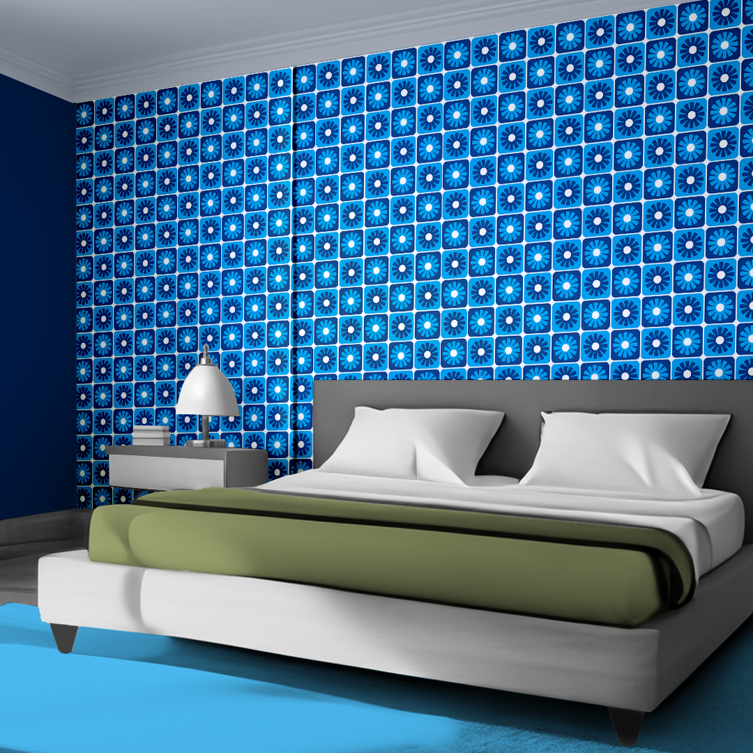 An abstract composition featuring irregular, rounded shapes in vibrant colors. The main colors include bright green, lime green, turquoise, and dark blue, all separated by white, jagged outlines. The shapes overlap and intersect dynamically, forming an energetic and playful pattern. The overall texture has a fabric-like appearance with subtle horizontal and vertical lines running through the colors.